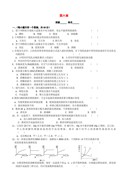 江苏省溧阳市周城初级中学九年级化学全册 第六章 溶液现象单元综合检测(无答案)(新版)沪教版