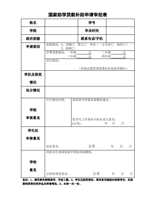 国家助学贷款补助申请审批表