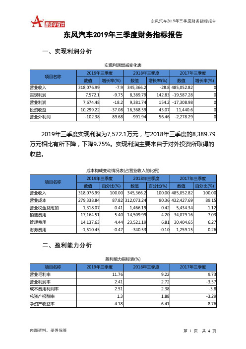 东风汽车2019年三季度财务指标报告