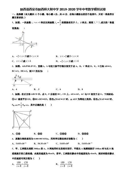 【附20套中考模拟试题】陕西省西安市陕西师大附中学2019-2020学年中考数学模拟试卷含解析