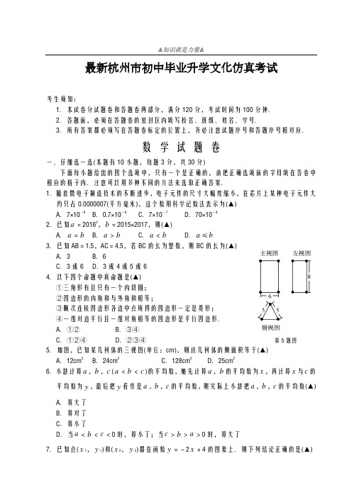 2020-2021学年浙江省杭州市中考数学仿真模拟试题及答案解析一