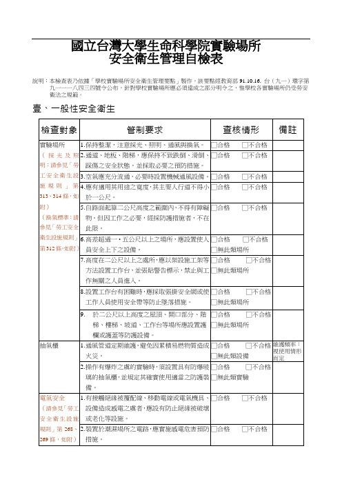 国立台湾大学生命科学院实验场所安全卫生管理自检表