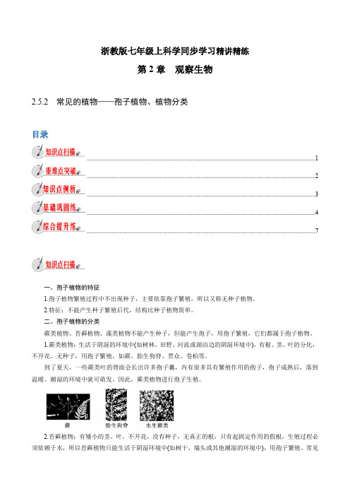 【精品讲义】浙教版 科学 7年级上册 2.5.2 常见的植物——孢子植物、植物分类(学生版)