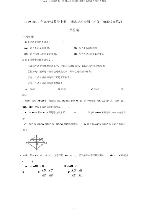 2019-九年级数学上册期末复习专题相似三角形综合练习及答案
