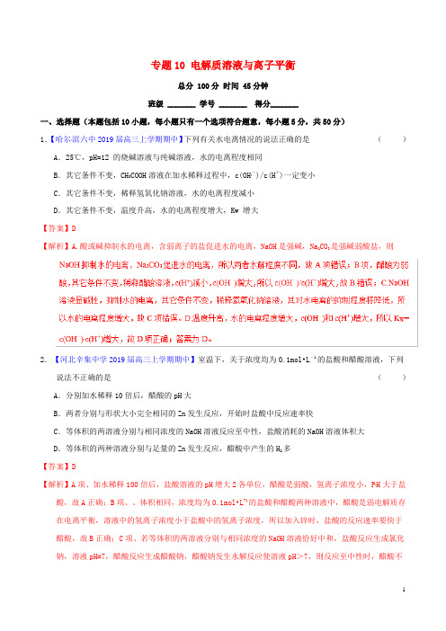 2019年高考化学二轮复习专题10电解质溶液与离子平衡(测)(含解析)