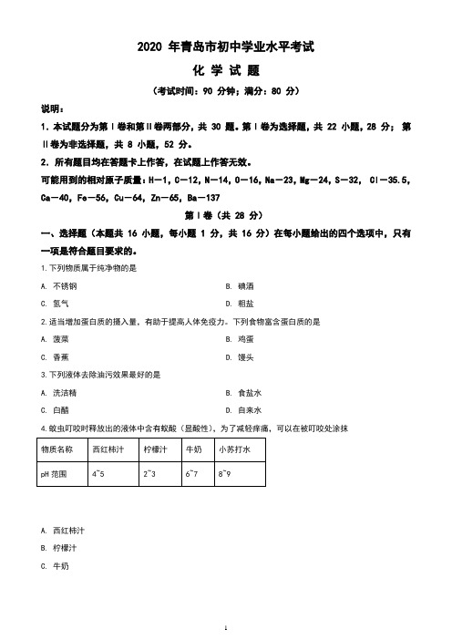 山东省青岛市2020年中考化学试题(含答案与解析)