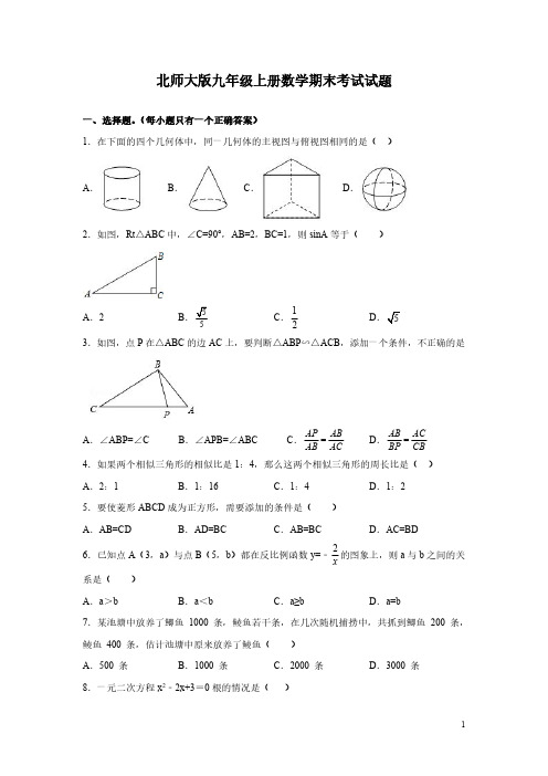北师大版九年级上册数学期末考试试卷附答案详解