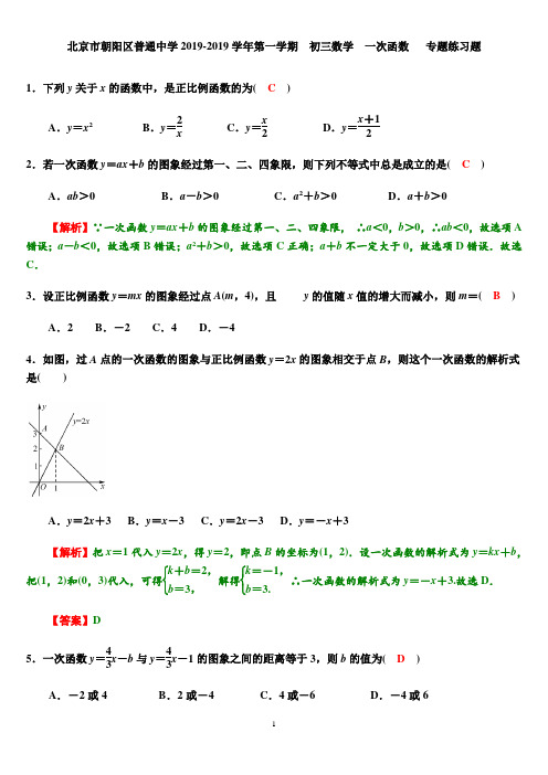 北京市朝阳区普通中学2018-2019学年第一学期  初三数学  一次函数   专题练习题  教师版含解析与答案
