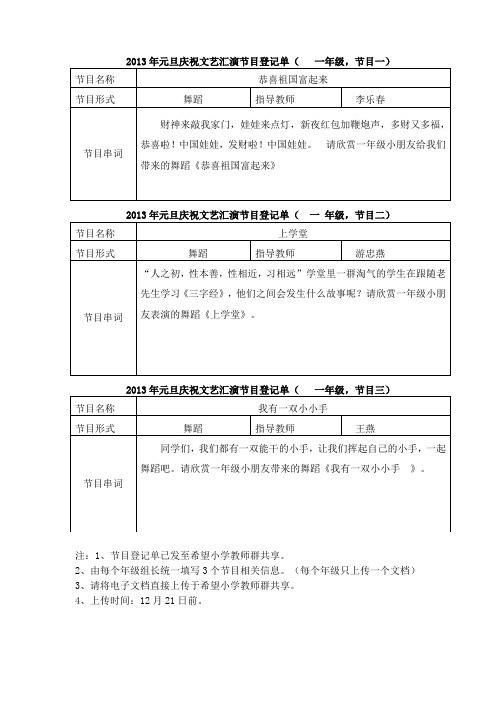 2013年元旦庆祝文艺汇演节目登记单