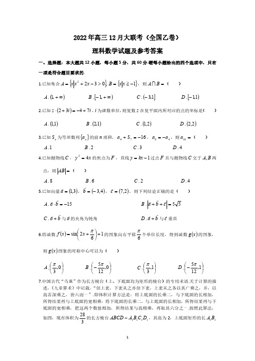 2022年高三12月大联考(全国乙卷)理科数学试题及参考答案