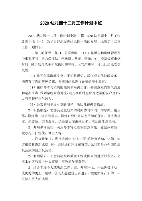 2020幼儿园十二月工作计划中班