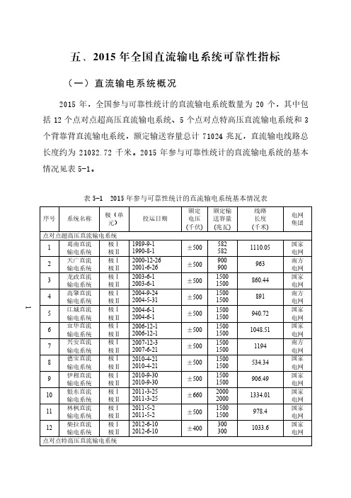 五、2015年全国直流输电系统可靠性指标
