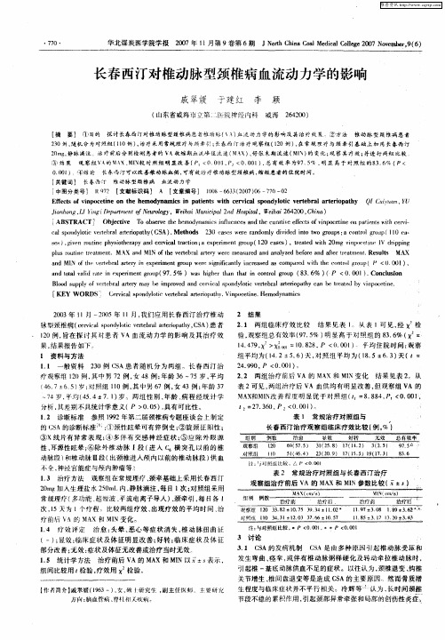 长春西汀对椎动脉型颈椎病血流动力学的影响