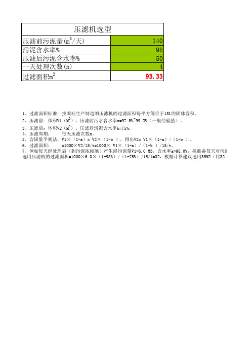 压滤机选型计算