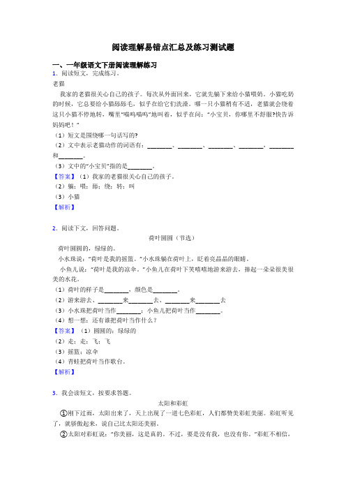 一年级阅读理解易错点汇总及练习测试题