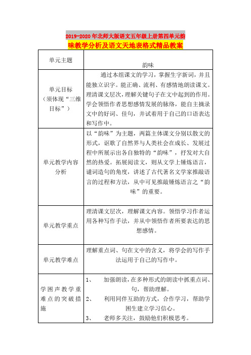 2019-2020年北师大版语文五年级上册第四单元韵味教学分析及语文天地表格式精品教案