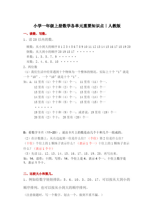 人教版一年级数学上册概念知识点整理