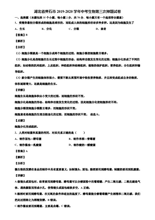 湖北省黄石市2019-2020学年中考生物第三次押题试卷含解析