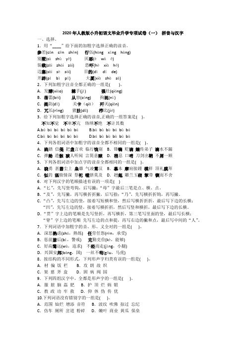 2020年人教版小升初语文毕业升学专项试卷(一) 拼音与汉字附答案