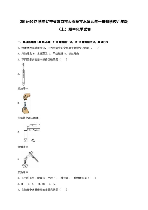 辽宁省营口市大石桥市水源九年一贯制学校2017届九年级(上)期中化学试卷(解析版)