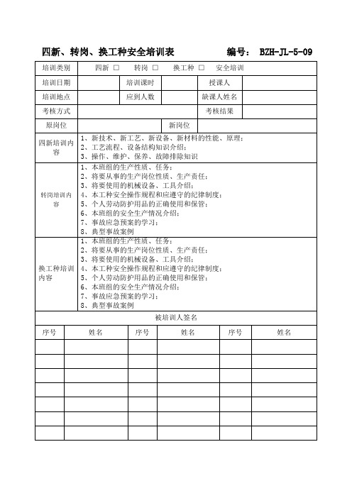 四新、转岗、换工种安全培训表