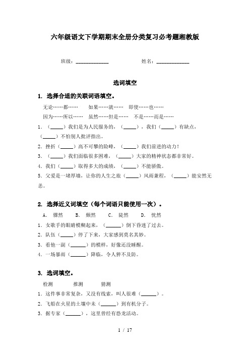 六年级语文下学期期末全册分类复习必考题湘教版