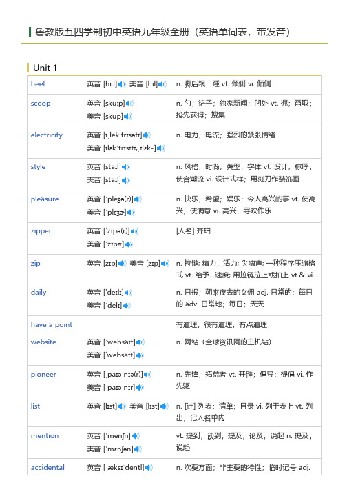 鲁教版五四学制初中英语九年级全册(英语单词表)