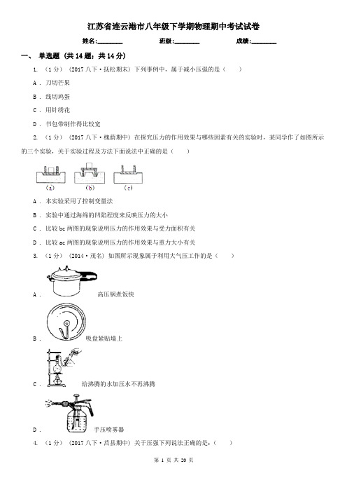 江苏省连云港市八年级下学期物理期中考试试卷