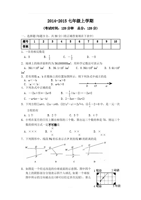 最新2015七年级上学期数学期末试题及答案