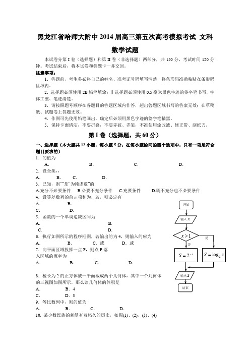 黑龙江省哈师大附中2014届高三第五次高考模拟考试文科数学Word版含答案