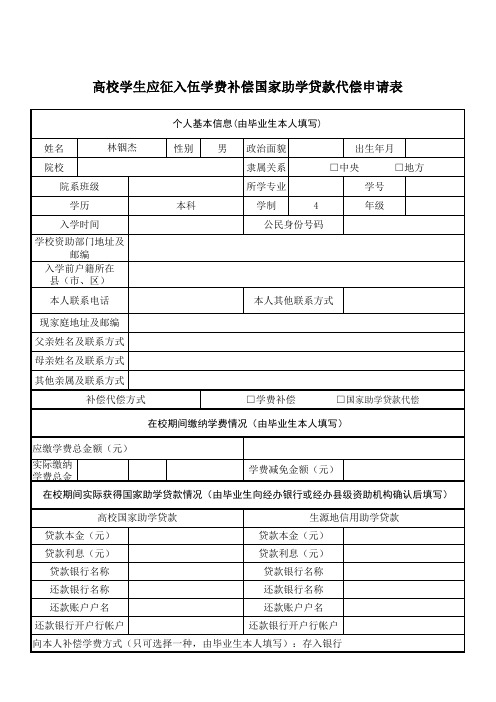 高校学生应征入伍学费补偿国家助学贷款代偿申请表(通州示范区户籍模板)