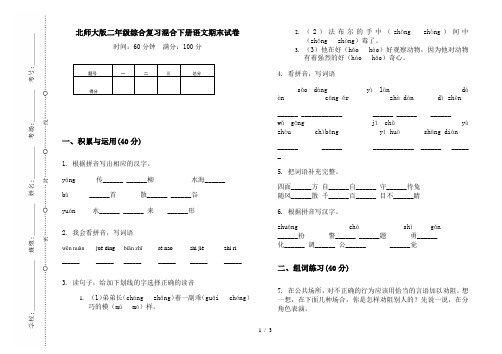 北师大版二年级综合复习混合下册语文期末试卷