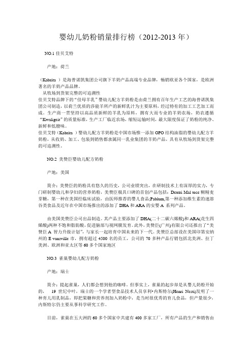 婴幼儿奶粉销量排行榜(2012-2013年)
