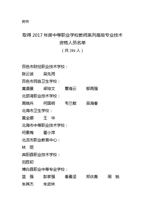 取得2017年度中等职业学校教师系列高级专业技术资格人员名单