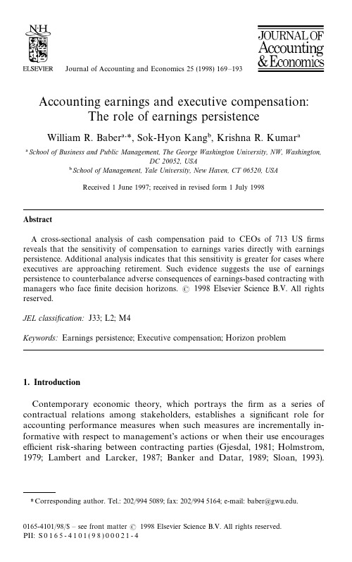 Accounting earnings and executive compensation-The role of earnings persistence(1998)