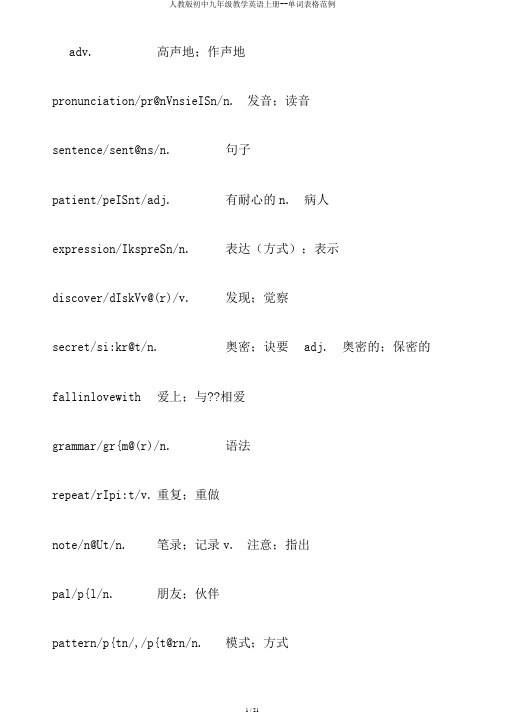 人教版初中九年级教学英语上册--单词表格范例