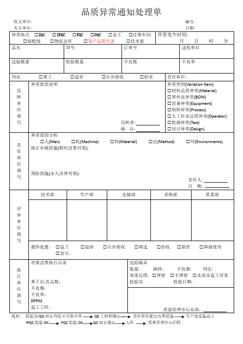 品质异常通知处理单模板