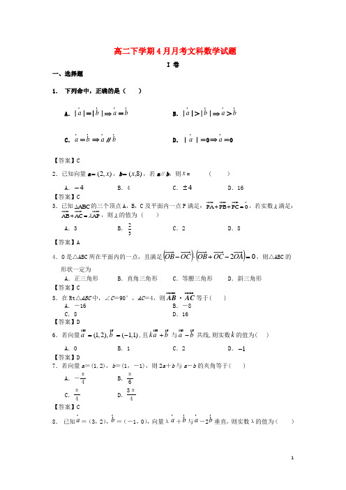 高二数学下学期4月月考试题 文 新人教A版