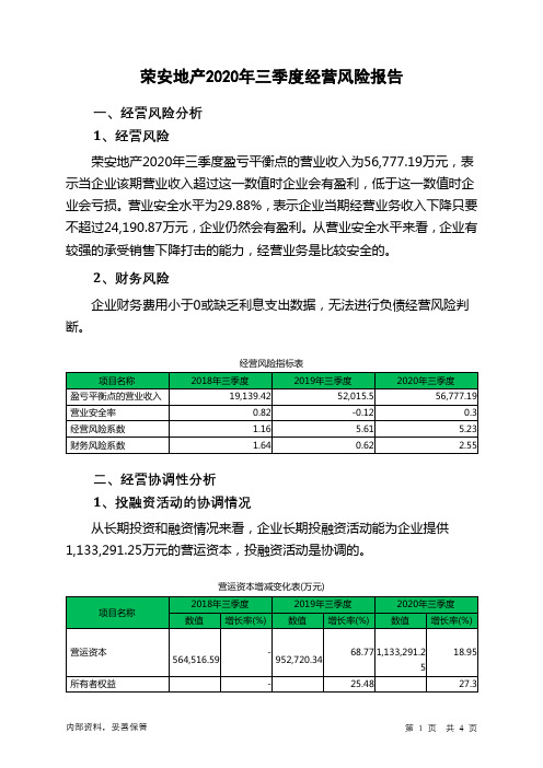 荣安地产2020年三季度经营风险报告
