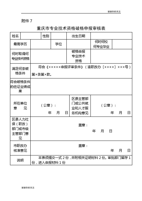 重庆市专业技术资格破格申报审核表.doc