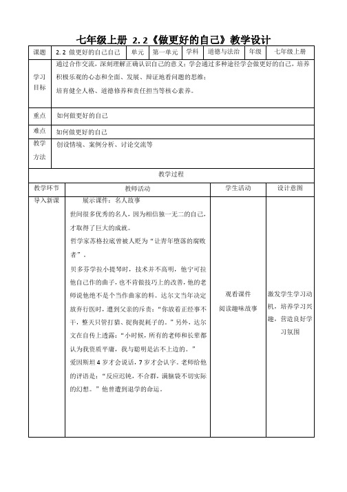 2.2 做更好的自己 教学设计(表格式)- 2024年七年级道德与法治上册