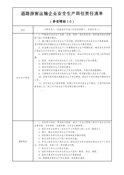 四川道路旅客运输企业安全生产岗位责任清单