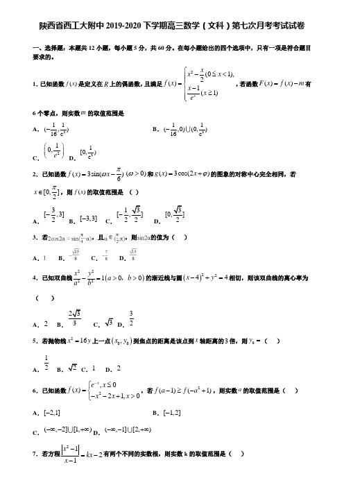 【附加15套高考模拟试卷】陕西省西工大附中2019-2020下学期高三数学(文科)第七次月考考试试卷含答案