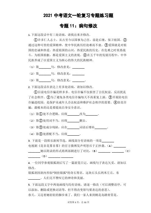 2021年中考语文一轮复习专题练习题 专题11：病句修改