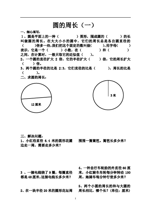 北师版六年级数学圆的半径.直径.周长和面积的强化训练题目