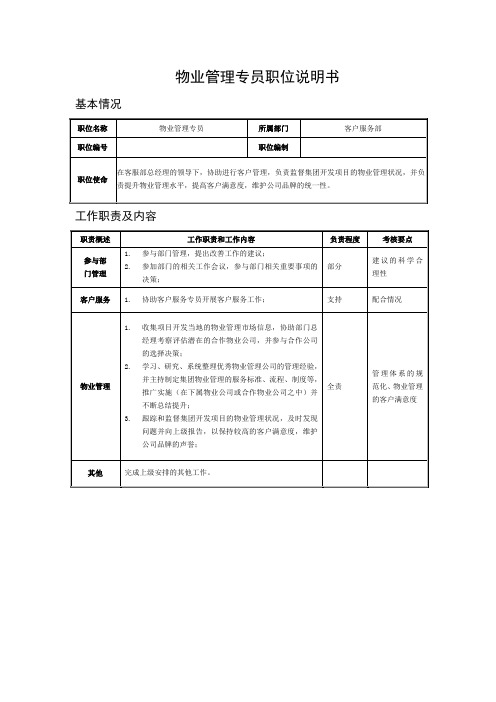 物业管理专员职位说明书