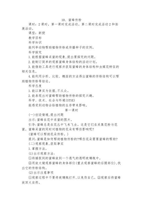 冀教版新版科学三年级下册10.蜜蜂传粉 科学教学设计