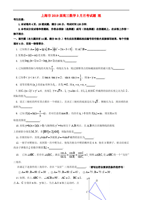 上海市2019届高三数学3月月考试题(理,有答案)(精校版)
