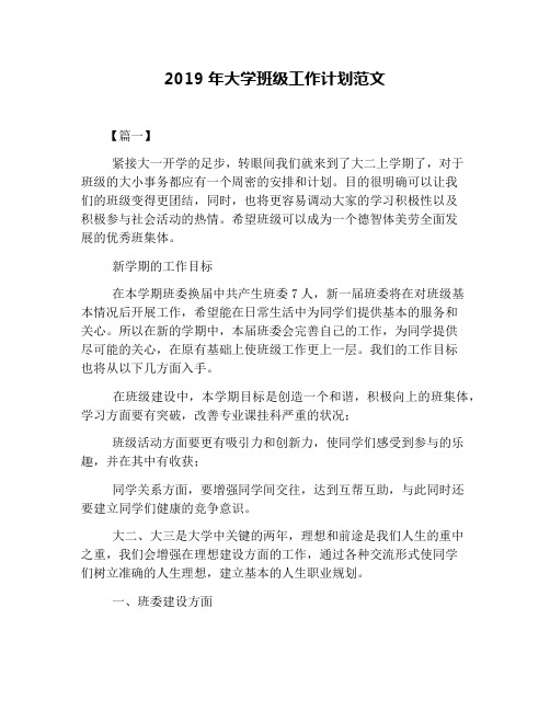 2019年大学班级工作计划范文