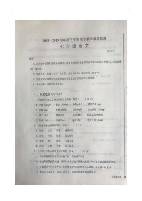 山东省临沂市蒙阴县2018-2019学年七年级下学期期末考试语文试题(扫描版)
